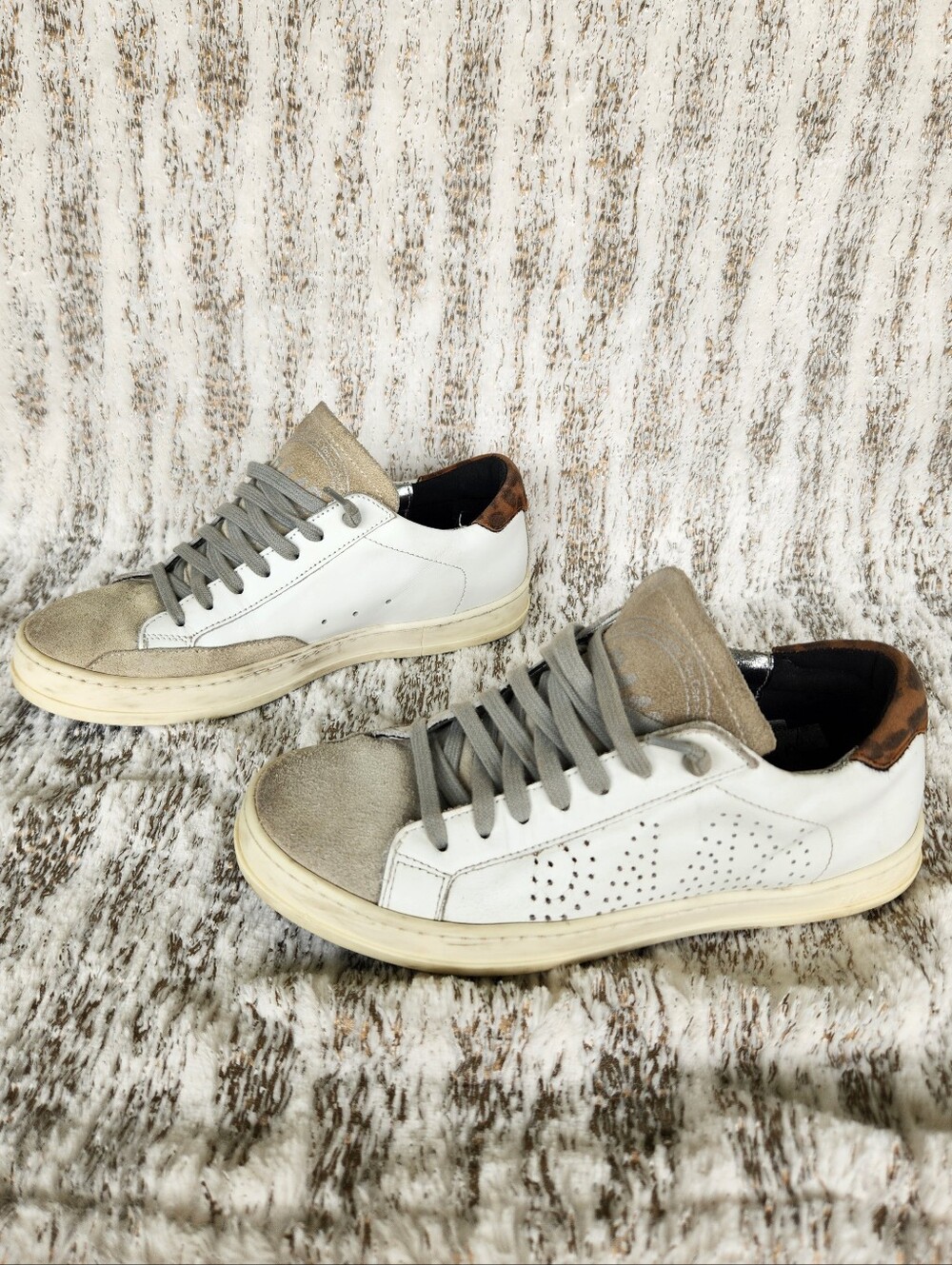 P448 "John" White Leather Suede Leopard Low Top Sneaker, Women's Size 6 - 6.5